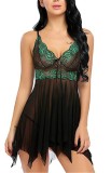 Summer Green Lace Patch Strap Babydoll Lingerie with Matching Panty