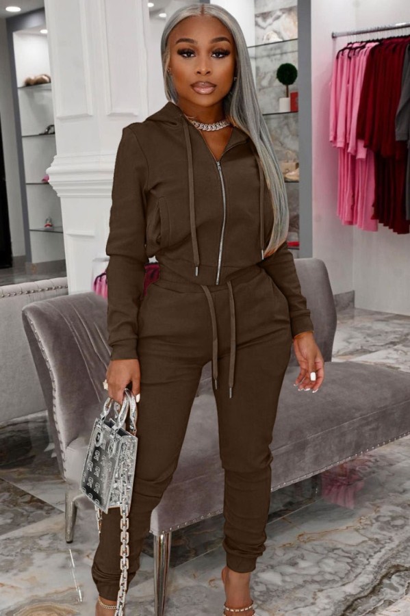 Autumn Casual Brown Zip Up Hoody Tracksuit