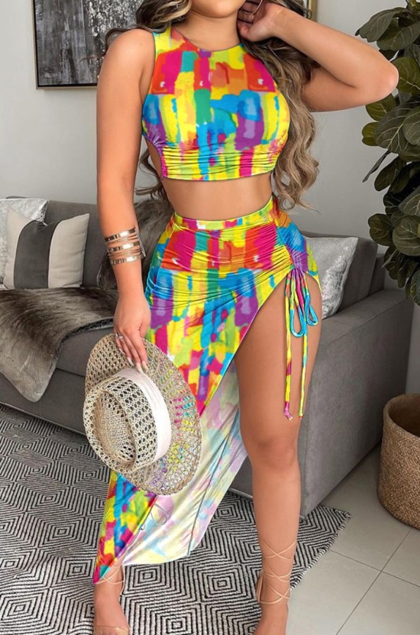 Summer Multicolor Crop Top and Irregular Maxi Skirt Set