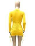 Autumn Casual Yellow Ruched Strings Mini Dress
