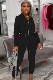 Autumn Casual Black Zip Up Hoody Tracksuit
