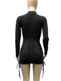 Autumn Casual Black Ruched Strings Mini Dress