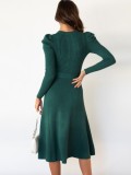 Autumn Green Knit Elegant Long Skater Dress with Belt