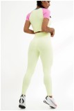 Summer Color Block Short Sleeves Yoga Crop Top and High Waist Legging Set