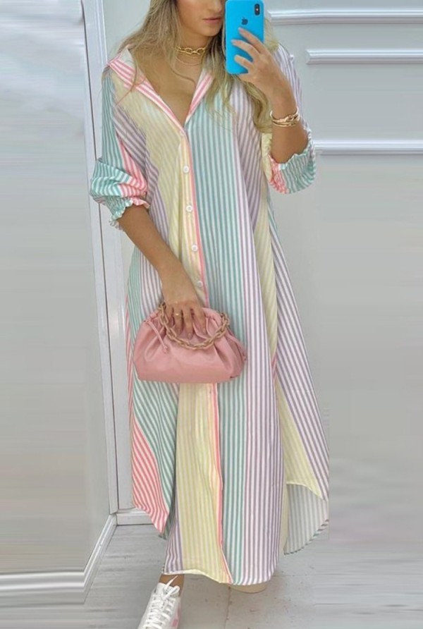 Autumn Casual Print Long Blouse Dress with Full Sleeves