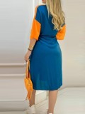Autumn Casual Color Block Under-Knee Blouse Dress with Full Sleeves