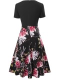 Summer Vintage Black Floral Short Sleeve Long Skater Dress