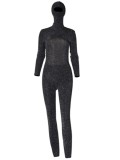 Autumn Sexy High Neck Bling Bling Long Sleeve Skinny Jumpsuit with Hoods