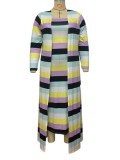 Autumn Plus Size Striped Printed Strapless Long Dress and Matching Coat