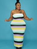 Autumn Plus Size Striped Printed Strapless Long Dress and Matching Coat