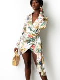 Atutumn Floral Turndown Color Long Sleeve Irregular Ruched Mini Office Dress