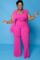 Autumn Plus Size Professional Pink Crop Top con chaqueta sin mangas y pantalones Conjunto de 3 piezas