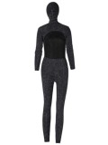 Autumn Sexy High Neck Bling Bling Long Sleeve Skinny Jumpsuit with Hoods