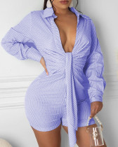 Autumn White and Blue Stripes Deep-V Sexy Rompers