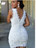 Summer Sexy White V Neck Sleeveless Lace Bodycon Dress