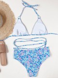 Summer Sexy Floral Blue Hollow Out halter Two Piece Swimsuit