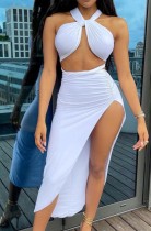 Summer White Crop Top with Slit Dress Set