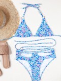 Summer Sexy Floral Blue Hollow Out halter Two Piece Swimsuit