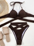 Summer Sexy Brown Tie Hollow Out Two Piece Swimsuit