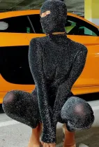 Autumn Sexy High Neck Bling Bling Long Sleeve Skinny Jumpsuit with Hoods