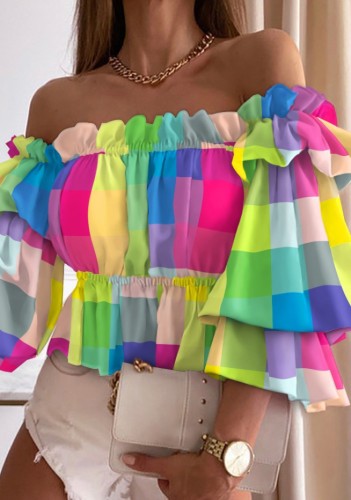 Autumn Sexy Multicolor Off Shoulder Frill Crop Top with Ruffled Sleeve