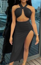Summer Black Crop Top with Slit Dress Set