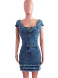 Summer Trendy Short Sleeve Button Up Ruffled Denim Mini Dress