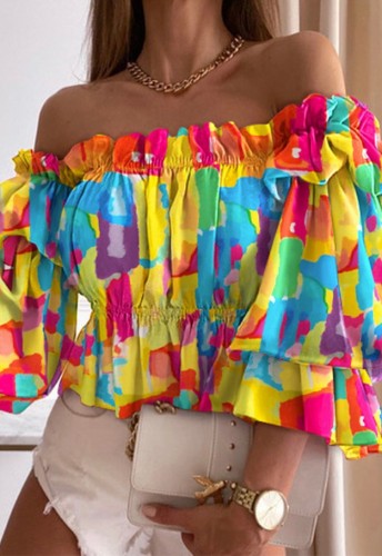 Autumn Sexy Multicolor Off Shoulder Frill Crop Top with Ruffled Sleeve
