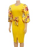 Autumn Elegant Yellow Three Quarter Print sleeve Bodycon Dress
