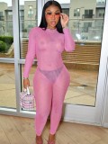 Autumn Sexy Pink See through Long sleeve Jumpsuit