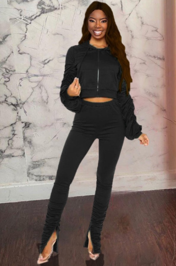 Autumn Black Hoodies with zipper Puffed sleeve Crop Top and Stacked Pant Set