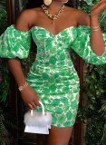 Summer Green Print Off shoulder with Puffed Sleeve Mini Dress
