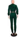 Autumn Green Hoodies with zipper Puffed sleeve Crop Top and Stacked Pant Set