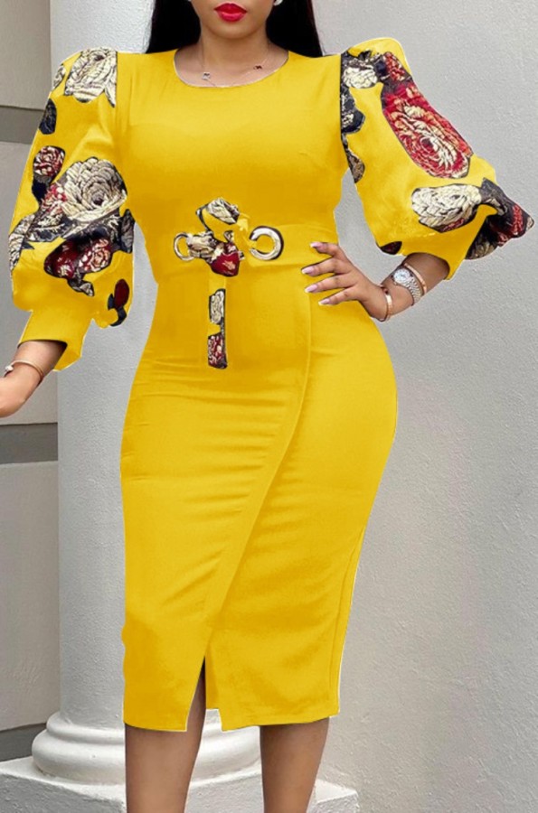 Autumn Elegant Yellow Three Quarter Print sleeve Bodycon Dress