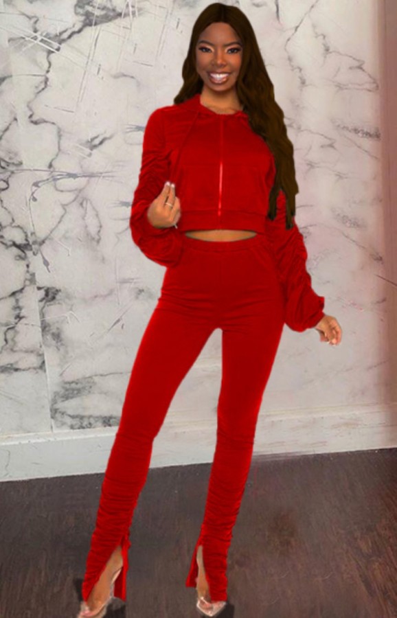Autumn Red Hoodies with zipper Puffed sleeve Crop Top and Stacked Pant Set