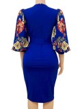 Autumn Elegant Blue Three Quarter Print sleeve Bodycon Dress