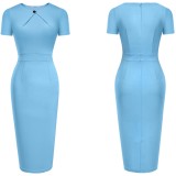 Summer Vintage LT-Blue O-Neck Short-sleeve Slim Bodycon Dress