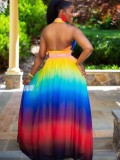Summer Sexy Rainbow Color Cross Halter Sleeveless Maxi Dress