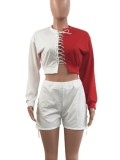 Autumn White and Red Patchwork Lace Up Long Sleeve Top and Shorts Set