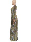 Autumn Sexy Floral Green Plunge Neck Long Sleeve Maxi Dress