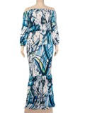 Autumn Plus Size Printed White Off Shoulder Puff Sleeve  Top and Maxi Skirt Set
