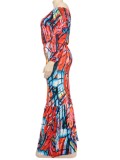Autumn Plus Size Printed Red Off Shoulder Puff Sleeve  Top and Maxi Skirt Set