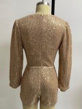 Autumn Sexy Sequins Long Sleeve Plunge Neck Short Rompers