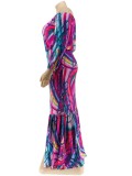 Autumn Plus Size Printed Pink Off Shoulder Puff Sleeve Top and Maxi Skirt Set