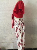 Summer Casual Floral Red Knotted Crop Top and High Waist Wide Pants 2PC Matching Set