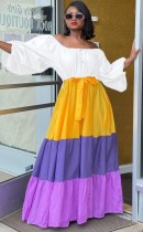 Осеннее платье макси с длинными рукавами и открытыми плечами в африканском стиле с цветными блоками и поясом