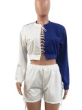 Autumn White and Blue Patchwork Lace Up Long Sleeve Top and Shorts Set