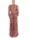 Autumn Sexy Floral Pink Plunge Neck Long Sleeve Maxi Dress