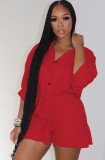 Autumn Red Button Up 3/4 Sleeve Drawstring Loose Playsuit