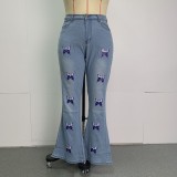 Autumn Light Blue Butterfly Print Flare Jeans